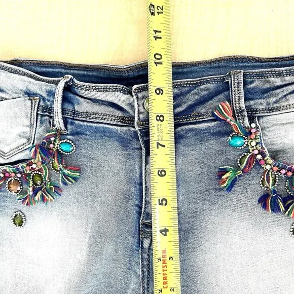 Chelsea & Violet Stretch Blue Denim Shorts Size 30 Fringed Cut off Beads Tassels - Picture 9 of 10